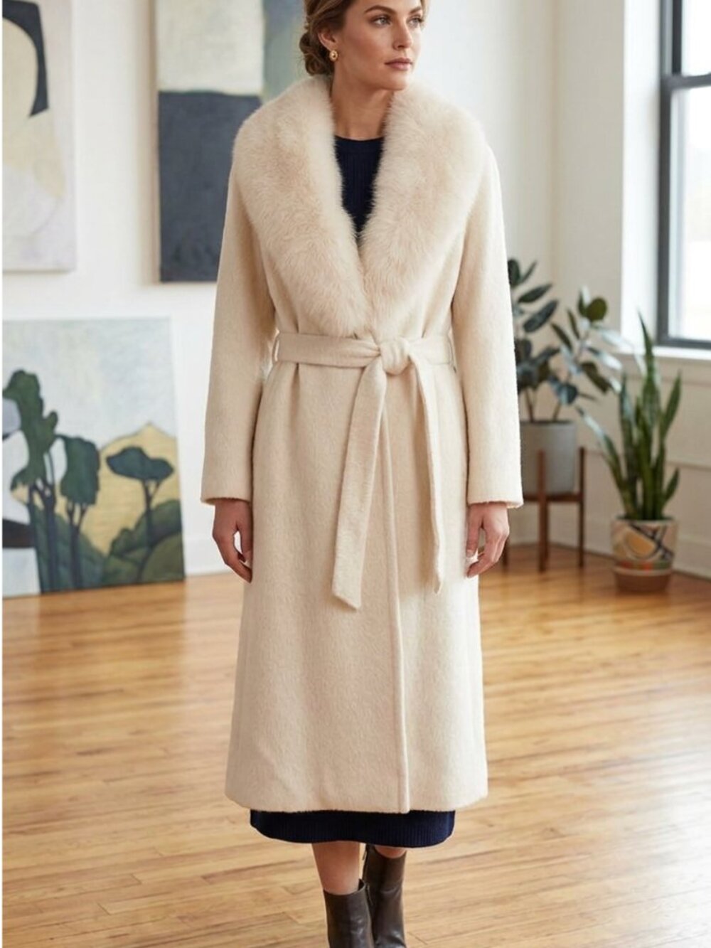 ✨ VINTAGE JACOBSON'S CREAM WOOL BLEND WRAP COAT WITH PLUSH FOX FUR COLLAR ✨